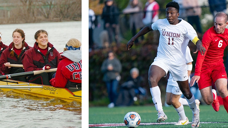 From left to right: Women's crew on the Mohawk River; a men's soccer player kicjs the ball down field.