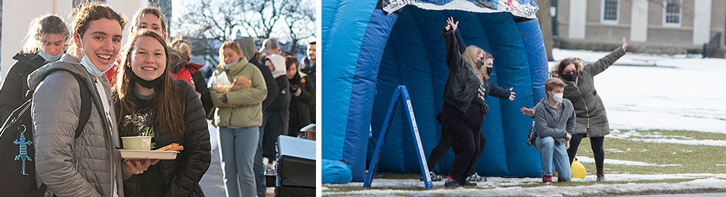 Students enjoying Winterfest: To the right students queue in line for food. Left: Students pose for photos.