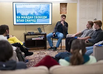 Anton Tatus ’24 tells students about the impact of war in native Ukraine
