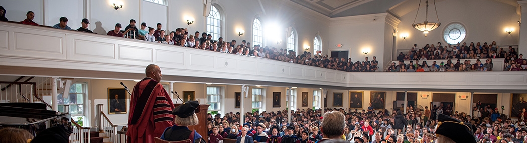 President Harris addresses students, faculty and staff gathered in Memorial Chapel to participate in Convocation 2023.