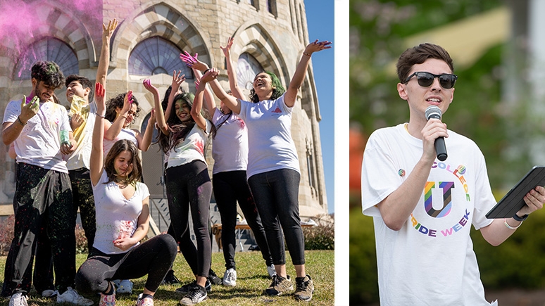 Left: Students celebrating Holi, the Hindu festival of colors: Right: A students speaker at Union's Pride Day.
