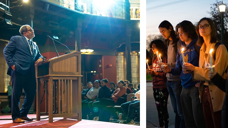 Left: Author Michael Dyson address and audience gathered in the Nott Memorial; Right: Students hold candles at the Transgender Day of Remembrance vigil