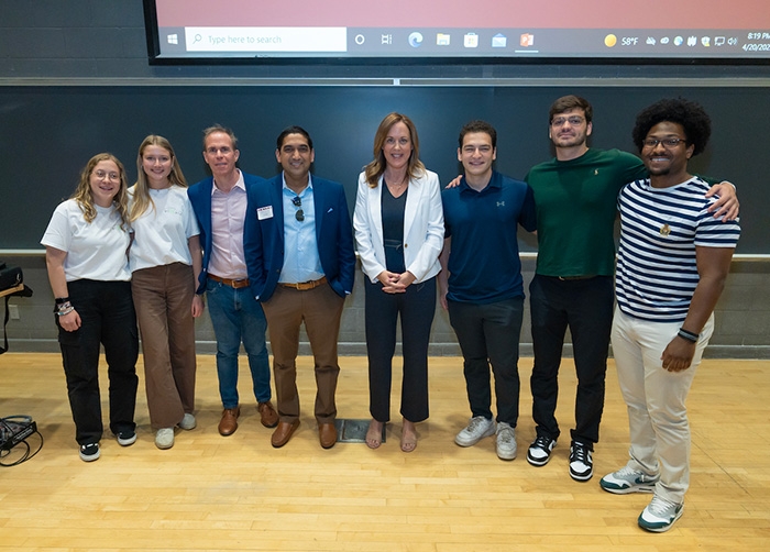 Founders of eLEVate and Flicc with the judges of Union’s second annual business competition. From left: Emily Abruzzese ‘23, Anna Hoffman ’23, Tony Versaci ’91, Bobby Syed ’03, Catharine Potvin ’97, Max Gluck ’25, Anthony Condemi ’25 and Jonathan Anderson ’25.