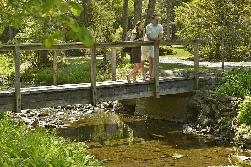 Students stopping on a bridge spanning the Hans Groot’s Kill 