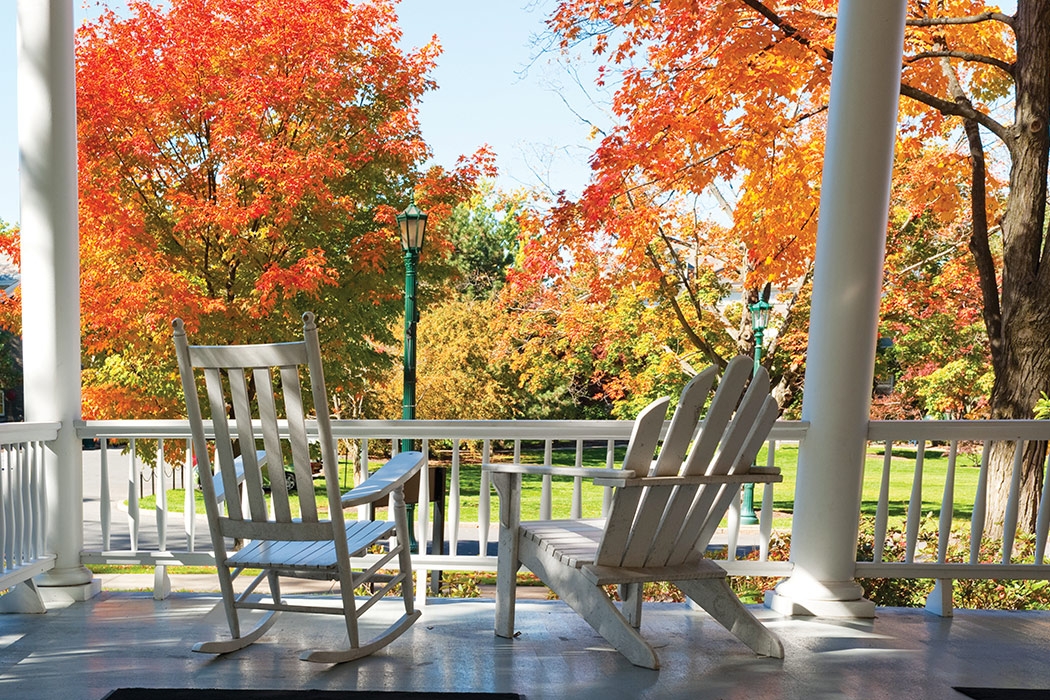 Rocking chairs on the back porch of Grant Hall