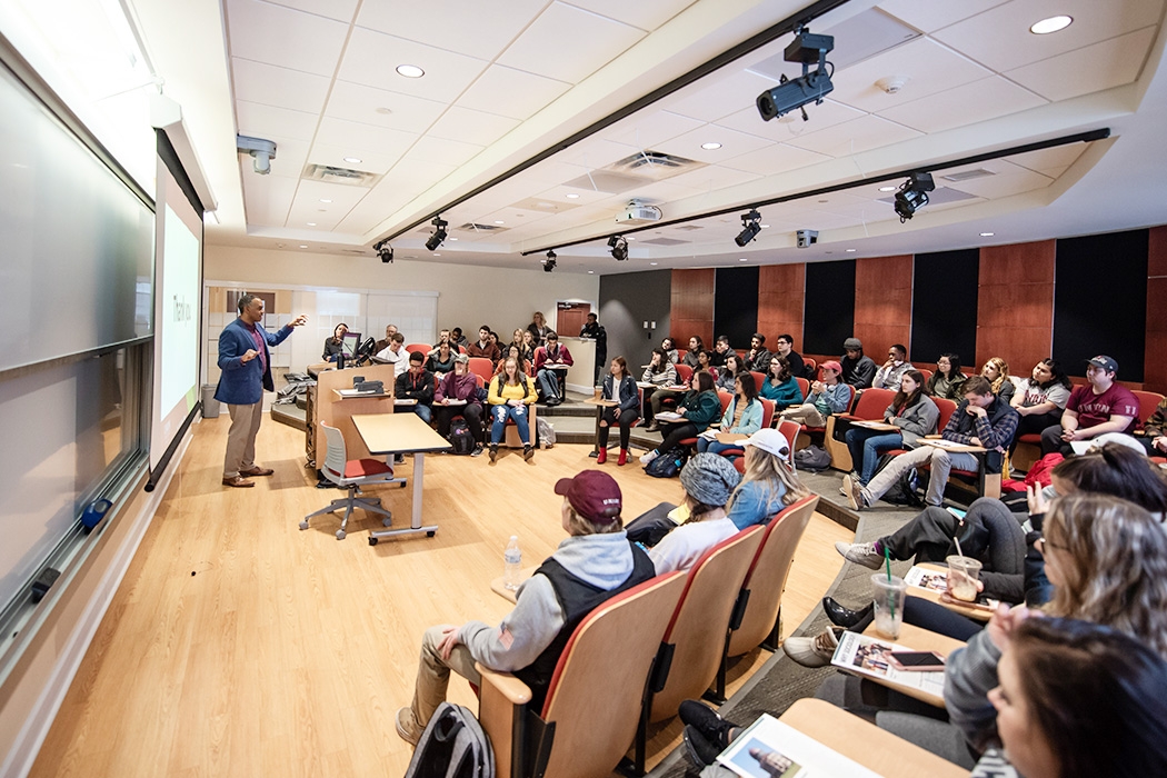 The Union College president lectures in the performance classroom