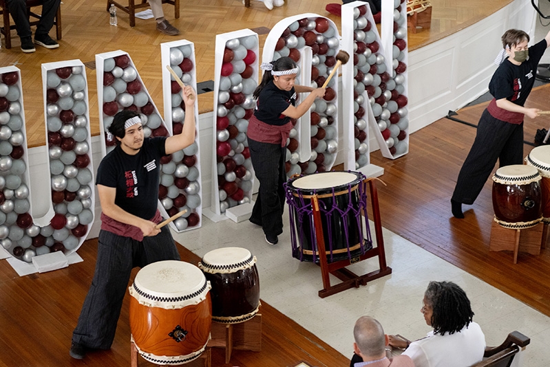 A drum performance inside of Memorial Chapel
