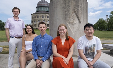 Five of the six valedictorians of the Class of 2023 (from left): Aidan O’Brien, Olivia Pachla, Matthew Beazoglou, Karson Saunders and Shizhe Li. Not pictured: Jing Chen