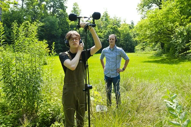 Aspen Morris ’25 and Christopher Chandler, assistant professor of music, capture the sound of birds and the environment in Jackson's Garden.&nbsp;