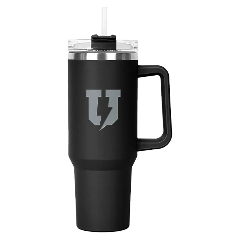 Black car mug with white bolt U