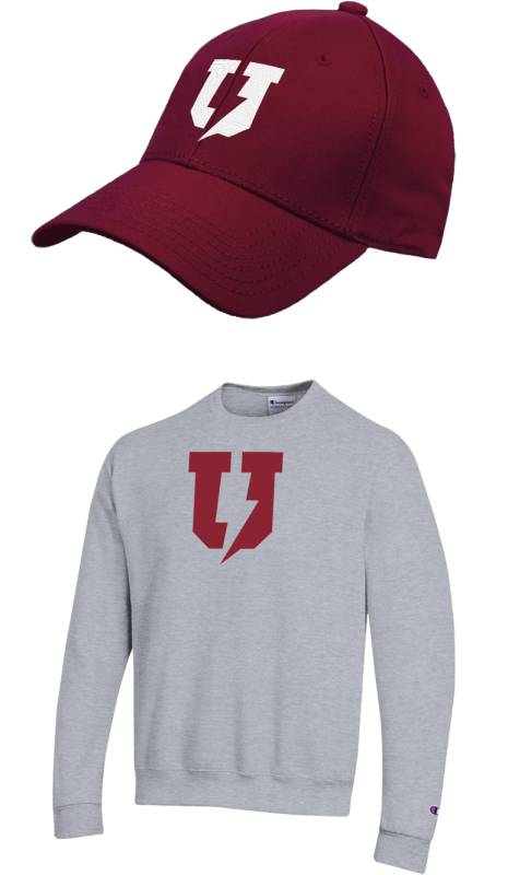 A Garnet Chargers themed sweat shirt and baseball cap