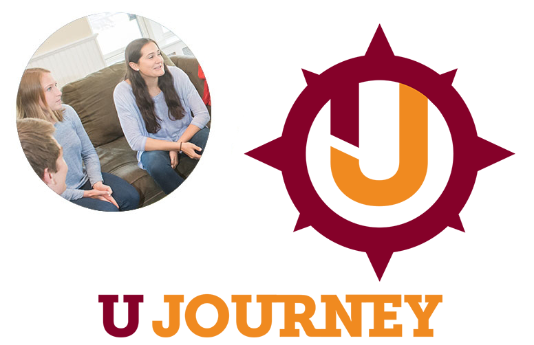 A photo of students discussing things in a comfortable setting.  Next to the photo is the UJOURNEY logo.