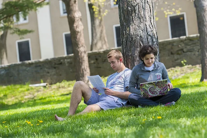 Students look at laptops while seated on the ground.  Trees and buildings are visible in the background.
