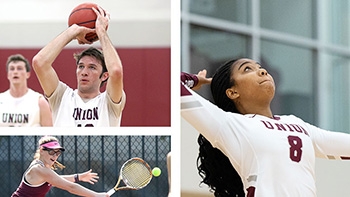 : Images featuring a basketball athlete, tennis player, and volleyball competitor.