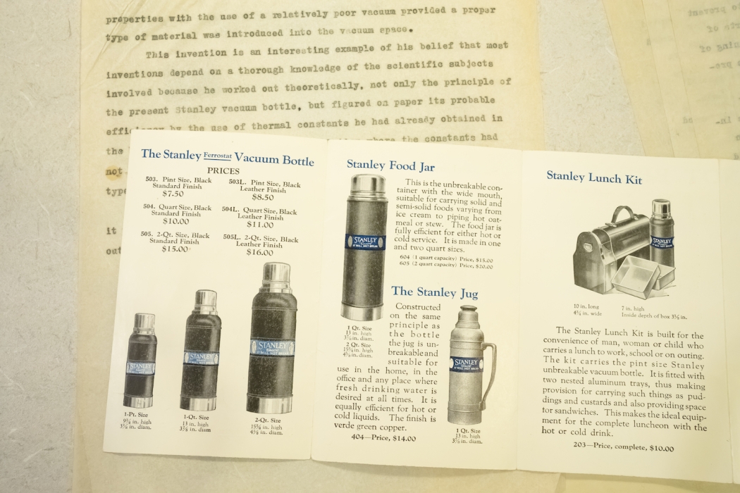 Early brochures of the company’s product line are included in the Stanley collection, featuring the vacuum bottle, a food jar and a lunch kit, all promising to keep its contents “piping hot or icy cold.”