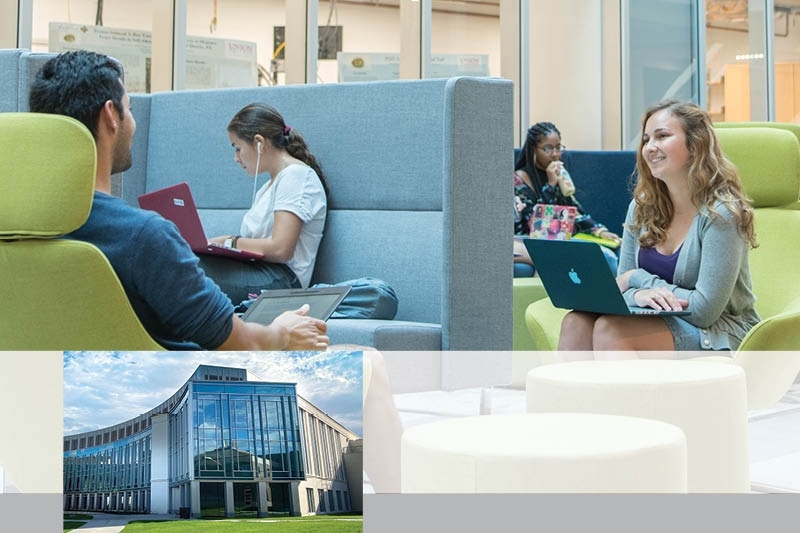 A view of students studying inside the new engineering and science complex