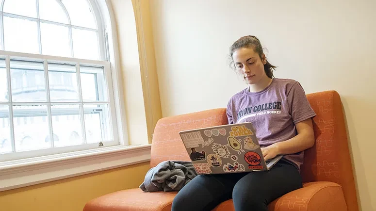 A student seated, focused on their laptop, in one of the Karp loung