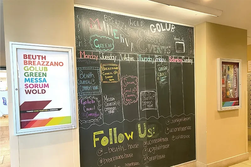 chalk board showing Minerva events