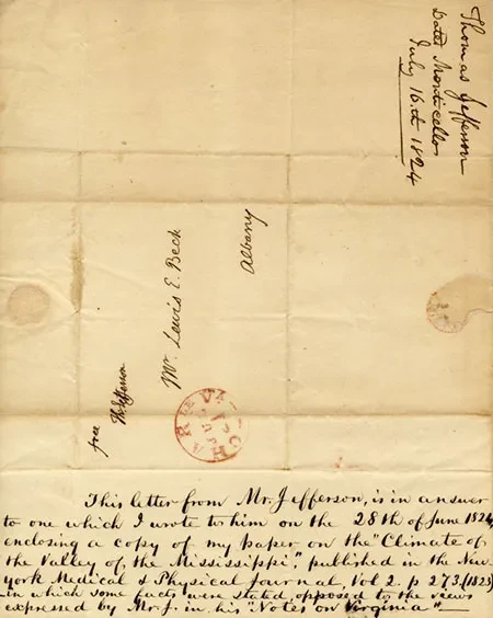 A notation from Lewis Beck, Class of 1817, explains the origins of the letter from Thomas Jefferson.