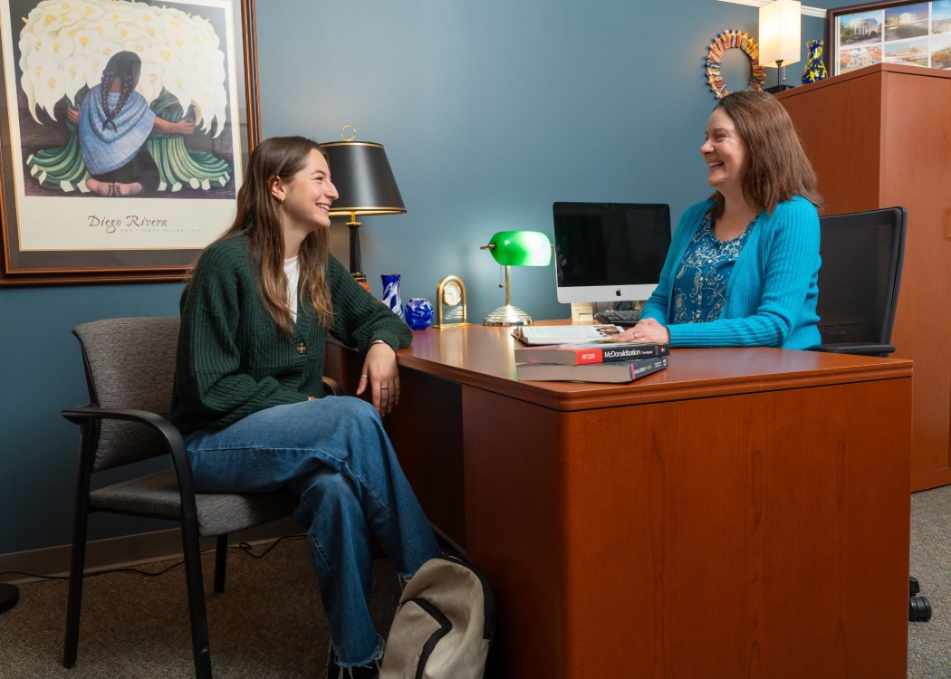 Faculty mentoring a student in an office
