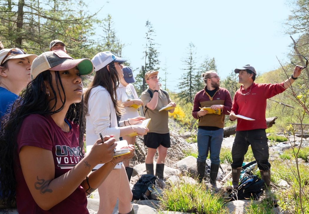 Students on a geology field trip take notes while sitting and standing in a forest glade.