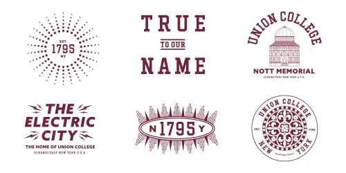 Badges and icons that say 1795, Union College and Electric City
