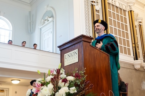 President Elizabeth Kiss presided over her first Convocation ceremony as the College formally kicked off its 231st academic year Tuesday afternoon in Memorial Chapel. Kiss, who assumed the presidency July 1, officially welcomed the approximately 470 members of the Class of 2029. Selected from more than 9,500 applicants, the students hail from 29 states and 25 countries. The class includes 23 percent first-generation students. “I am happy and honored to be a first-year alongside all of you,” Kiss told the ne