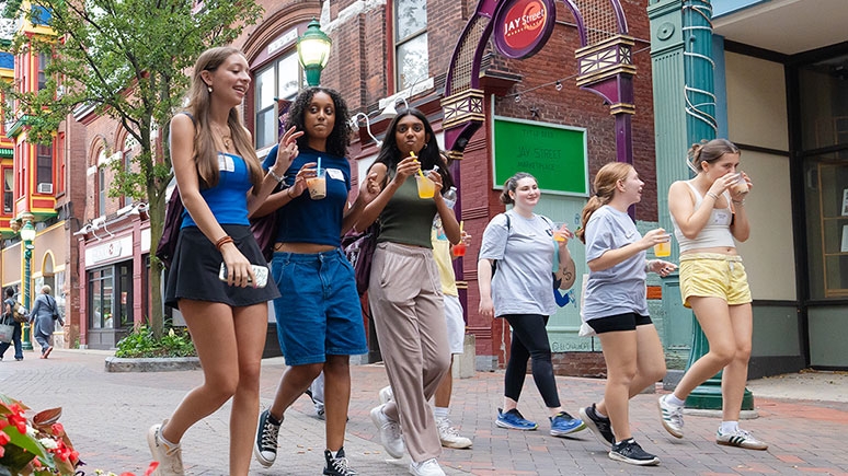 Students strolling down Jay Street in Schenectady, NY