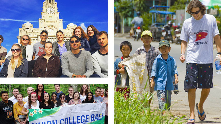 A photo collage of three images: In one, students face the camera with a historic building and clock tower in the background. In another, a group of students holds a banner reading “Union College Bali.” In the third, a student accompanies Vietnamese children on a stroll through city streets.
