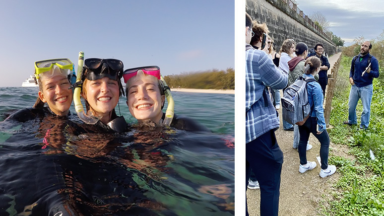 A photo collage of two images: In one, three students smile as they surface from a scuba dive. In the other, students listen as their professor explains the historical significance of ancient European walls.