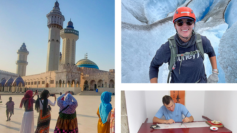 A photo collage of three images: In one, a minaret rises in the distance as passersby walk through the foreground. In another, a student explores ice caves. In the third, a student practices writing Chinese calligraphy on parchment.