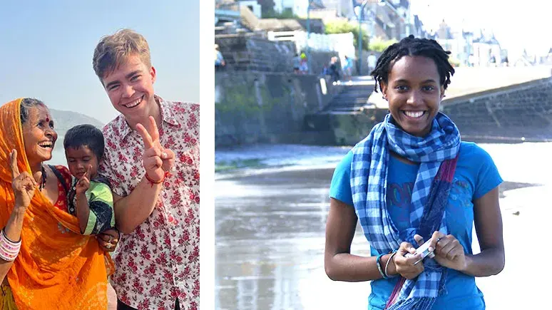 A two-photo collage. In one, a woman in India cradles her child and smiles beside a tall student flashing a “V” sign. In the other, a student smiles at the camera with a European town in the background.
