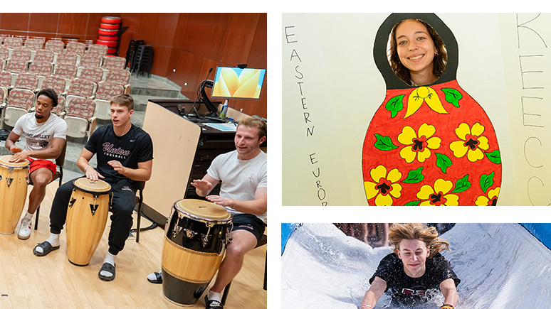 A photo collage showing students playing African drums, one student posing with a large Russian doll face cutout, and another sliding into a pool during a Dip fundraiser.
