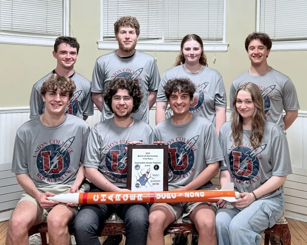 Last fall, members of Union’s Rocket Club gathered to begin work on building a rocket from scratch. Working primarily in the 3D print lab and the make lab, students needed to construct a rocket that could reach a maximum altitude between 700 and 1,200 feet, descend on a parachute at no more than 15 feet per second and use a built-in camera to record the rocket descent. They also needed to use an electronic payload to stream and graph velocity, rotation rate, acceleration, altitude, pressure and temperature 