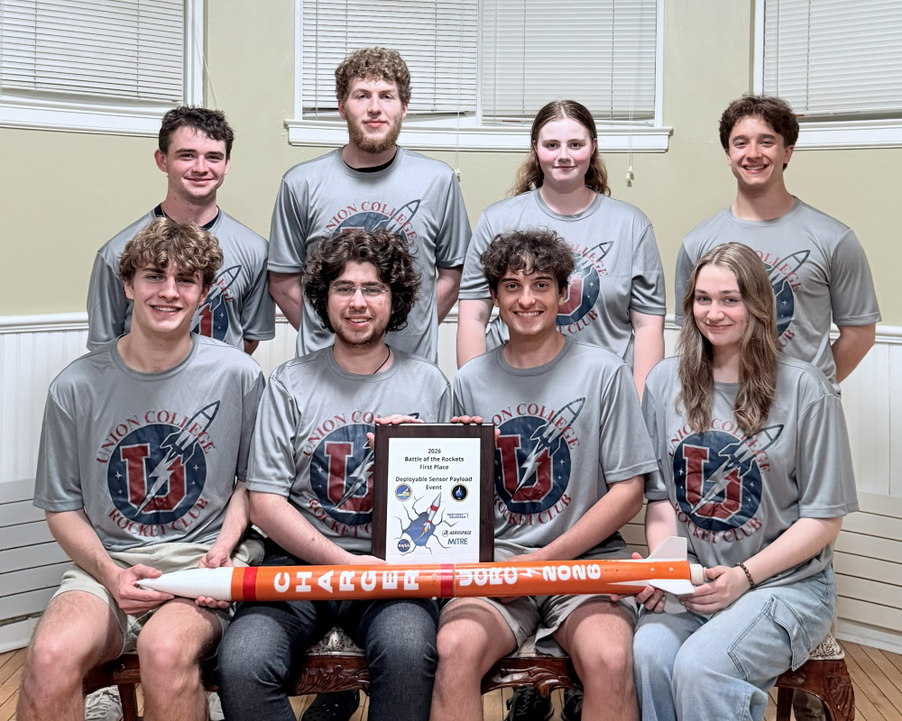 Last fall, members of Union’s Rocket Club gathered to begin work on building a rocket from scratch. Working primarily in the 3D print lab and the make lab, students needed to construct a rocket that could reach a maximum altitude between 700 and 1,200 feet, descend on a parachute at no more than 15 feet per second and use a built-in camera to record the rocket descent. They also needed to use an electronic payload to stream and graph velocity, rotation rate, acceleration, altitude, pressure and temperature 