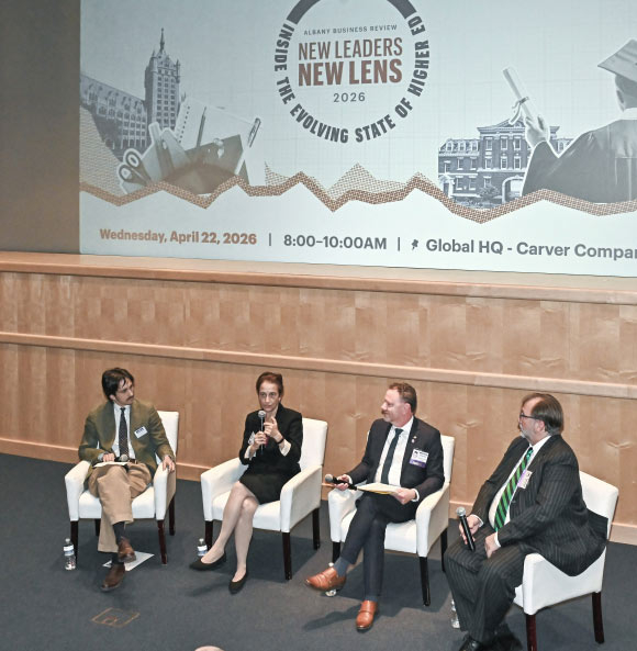 President Elizabeth Kiss was part of a recent panel, “New Leaders, New Lens: Inside the Evolving State of Higher Ed,” hosted by the Albany Business Review. From left: moderator Luke Nathan; President Kiss; Matthew Shaftel, president of Russell Sage; and Michael Brophy, president of Hudson Valley Community College. (Photo by Donna Abbott-Vlahos, Albany Business Review)