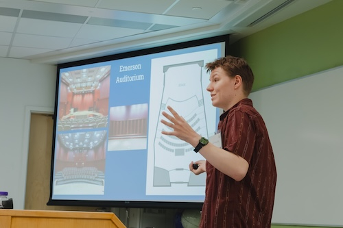 Alex Roginski’26 is completing their senior thesis on architectural acoustics. A physics major with minors in French and Japanese, Roginski’s Steinmetz project compared eight performance spaces on campus, including the Nott Memorial, Memorial Chapel, Old Chapel, Emerson Auditorium, Reamer Auditorium, Yulman Theater, Studio A and TARDIS,(The Acoustic, Research, Design and Industrial Studio) in Wold. As a taiko player, they have struggled with performing in certain spaces. They discussed how some spaces are p