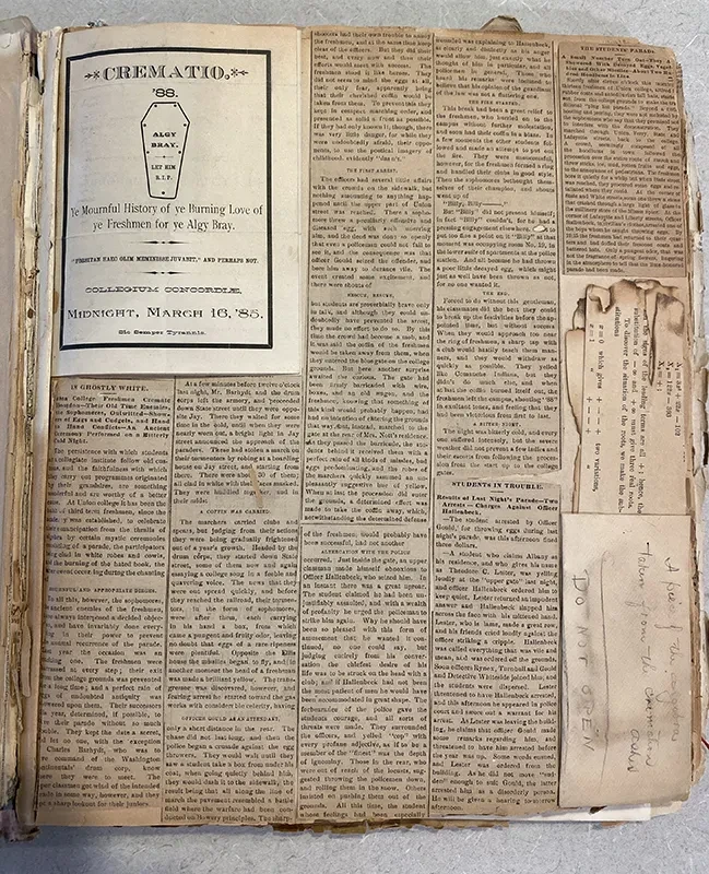Calder Baker ’29 was sorting through material in Special Collections when he discovered an old student scrapbook. Belonging to Frederick Richards, Class of 1888, the weathered book contained what one would expect for chronicling a student’s time on campus: menus, newspaper clippings and information related to his fraternity. Placed prominently at the front of the book, however, were mementos of a long-dead tradition: the burial/cremation of textbooks. This included special programs for the “Burial of Algebr