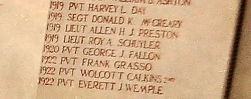 Wolcott Calkins, a 19-year-old freshman and member of the Class of 1922, was the first student to die from the Spanish flu in October 1918. A classmate, Everett Wemple ’22, died of the flu in January 1919, but records do not indicate if he had been stricken with the Spanish flu. The names of Calkins and Wemple are among the 26 engraved on the wall in Memorial Chapel honoring those killed during World War I.