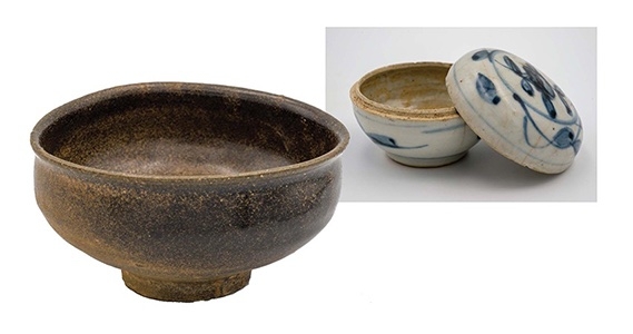 brown ceramic bowl and vessel with lid