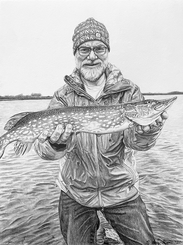black and white drawing of man with fish