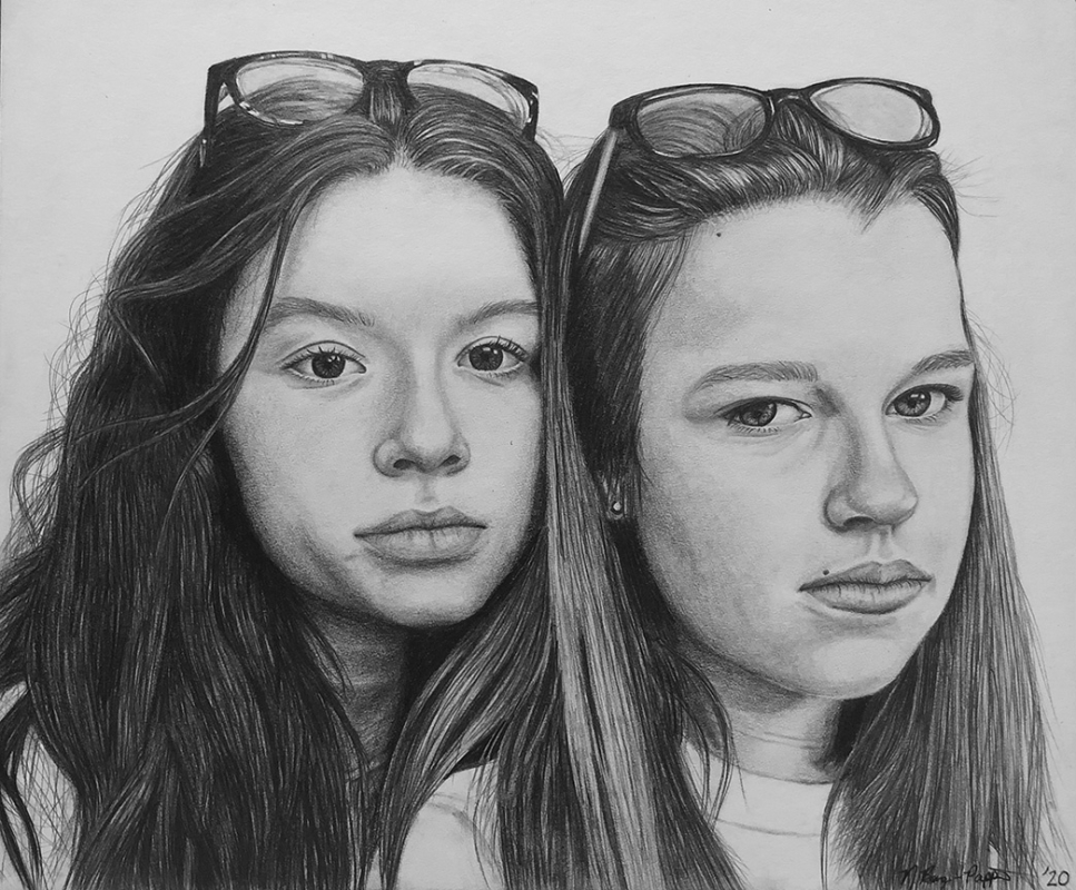 black and white drawing of two girls