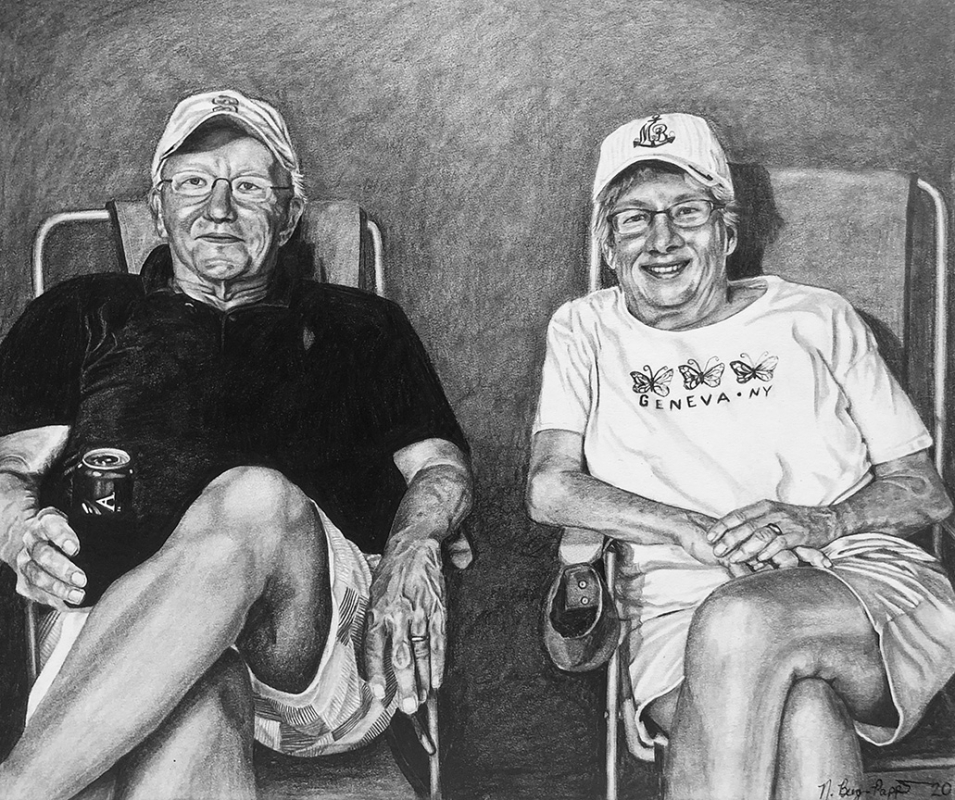 black and white drawing of two people in lawn chairs