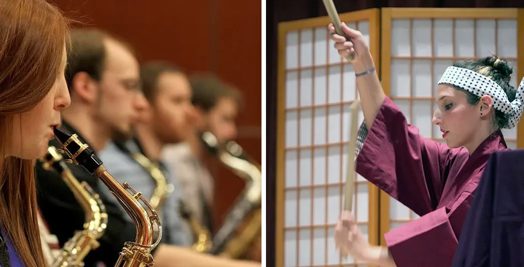 Jazz Ensemble (left); Japanese Drumming Ensemble (right)