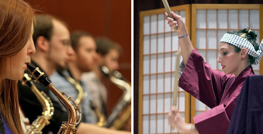 Jazz Ensemble (left); Japanese Drumming Ensemble (right)