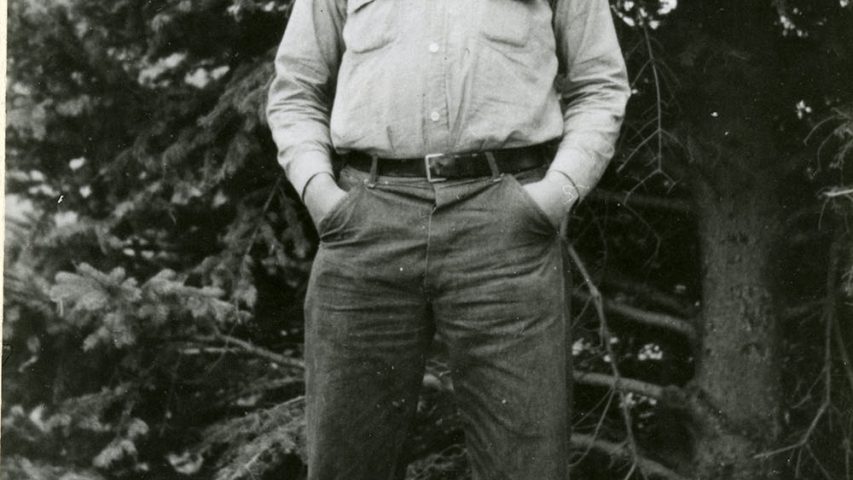 Marshall Family Collection: Bob Marshall without backpack Man standing in forest, without backback.