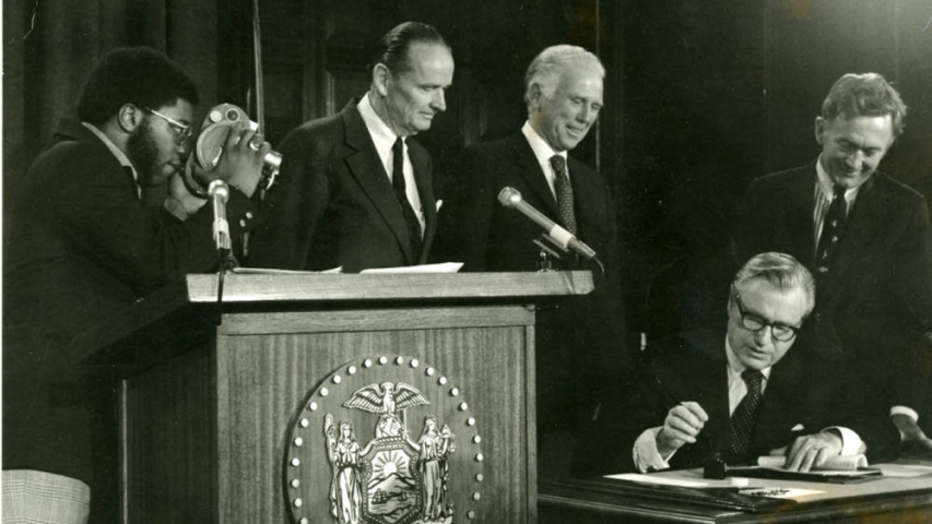 Schaefer Collection: Governor Rockefeller Governor Nelson Rockefeller signing the Adirondack Park Agency's Private Land Use and Development Plan 1973.