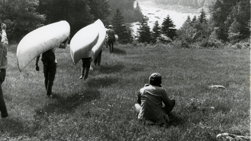 Schaefer Collection: Of Rivers and Men Filming Man filming a group carrying canoes toward the Hudson River circa 1970s for Of Rivers and Men.