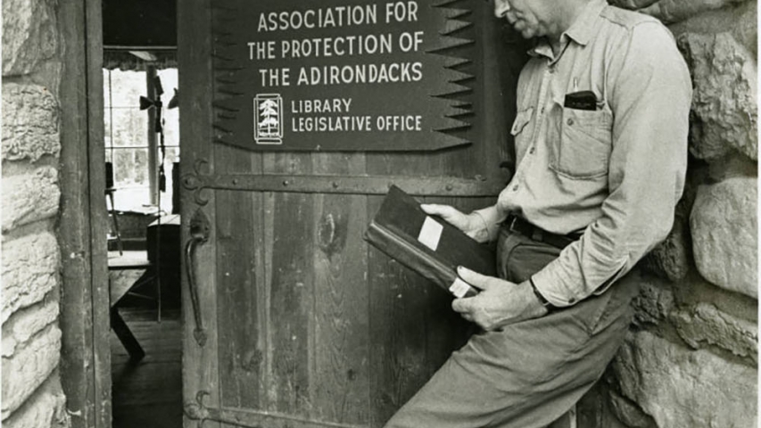 Schaefer Collection: Outside Office Paul Schaefer outside the door to the Association for the Protection of the Adirondacks offices