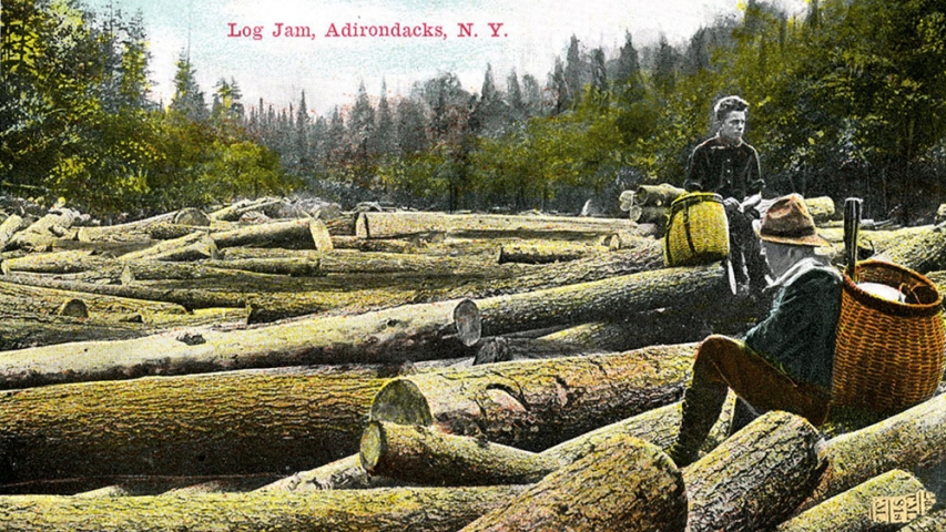 Postcard Collection: Log Jam Adirondacks NY Lumberjacks sitting on pile of timbers